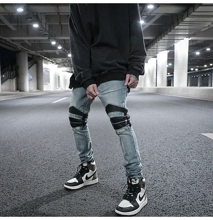 knee zipper hole patckwork skinny denim jeans men casual slim biker trousers jeans fashion streetwear hip hop jean pants joggers unique joggers style 13