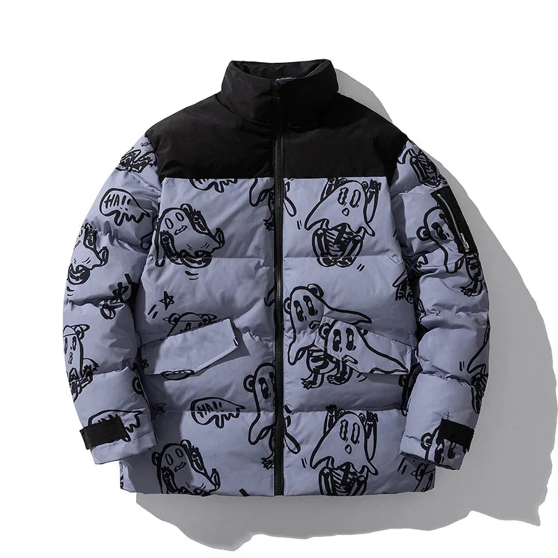 Cotton Padded Thick Parkas Jackets Streetwear Hip Hop Print Windproof Warm Zip Coats Fashion Harajuku Outwear Mens Clothing Street King Limited