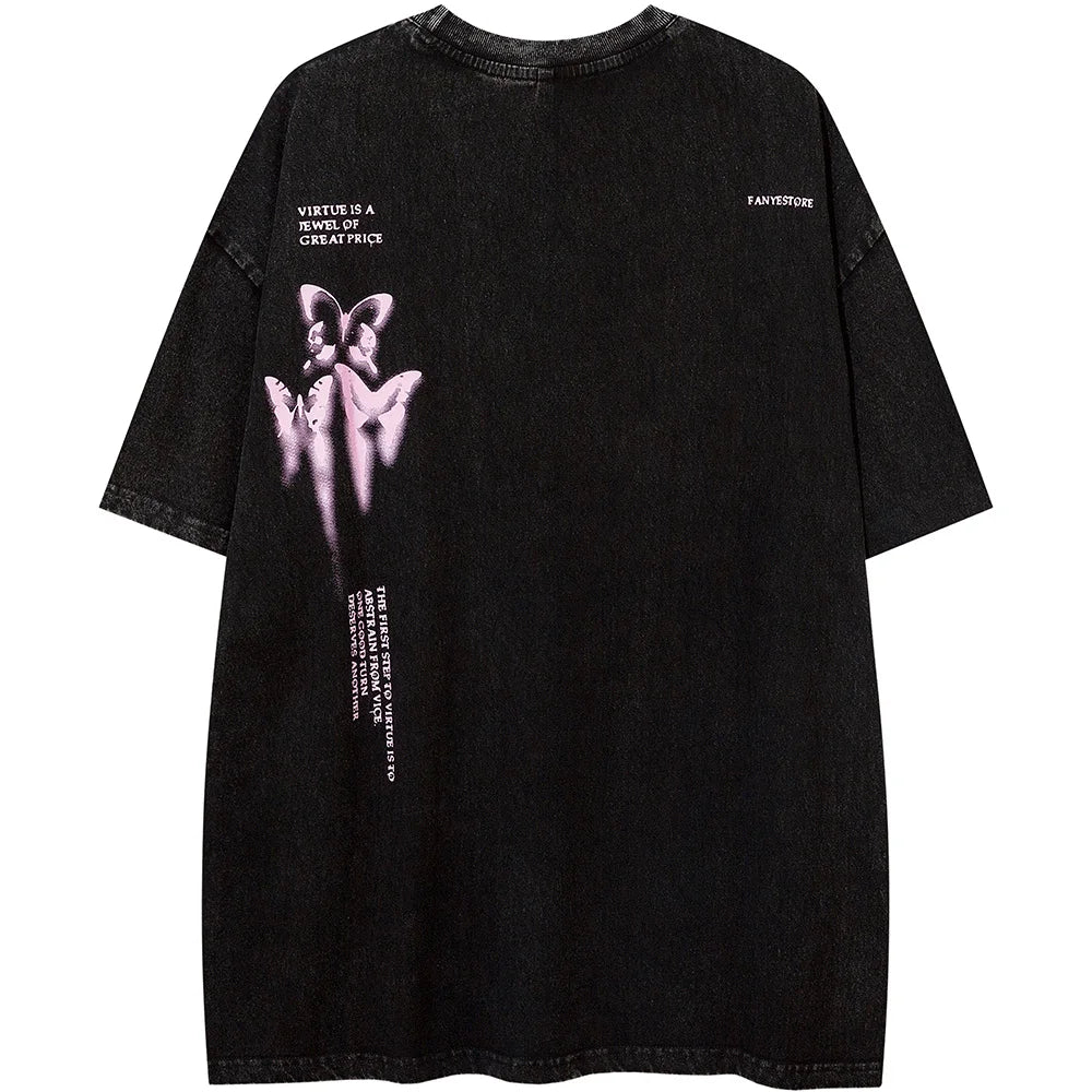 Aolamegs Butterfly Inkjet Letter Print Washed T-shirt Men Short Sleeve Tops Retro High Street Baggy Oversized Tees Shirts Couple Street King Limited