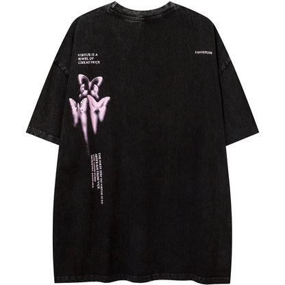 Aolamegs Butterfly Inkjet Letter Print Washed T-shirt Men Short Sleeve Tops Retro High Street Baggy Oversized Tees Shirts Couple Street King Limited