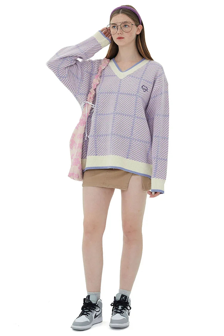 Men Hip Hop Knitted Sweater Streetwear Embroidery Heart Plaid Pullover 2023 Autumn Harajuku Cotton Casual Pullover Sweater Blue Street King Limited
