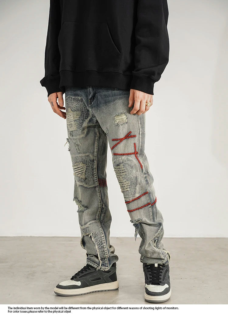destroyed ripped straight jeans pants mens distressed biker jeans fashion irregular embroidery streetwear hip hop pants joggers unique joggers style 2944