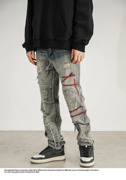 destroyed ripped straight jeans pants mens distressed biker jeans fashion irregular embroidery streetwear hip hop pants joggers unique joggers style 2944