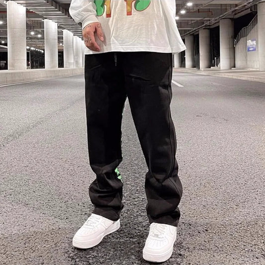 men jeans hip hop letters embroidery denim jeans high street casual loose straight elastic waist joggers hip hop streetwear pant sporty tapered joggers