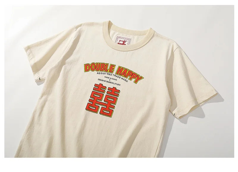 Summer New 100% Cotton Double Happy Chinese Printed Cultural T Shirt Men Vintage Causal O-neck Basic T-shirt Male Classical Tops Street King Limited