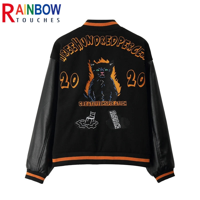 rainbowtouches men trendy hiphop embroidered baseball uniform single breasted side pocket high street stitched pu leather jacket urban fashion pants