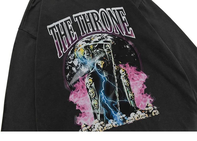 Hip Hop 2023 Men Streetwear Sweatshirt Skull Lightning Print Pullover Ripped Hole Sweatshirt Harajuku Cotton Loose Sweat Shirt Street King Limited
