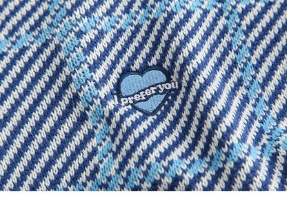 Men Hip Hop Knitted Sweater Streetwear Embroidery Heart Plaid Pullover 2023 Autumn Harajuku Cotton Casual Pullover Sweater Blue Street King Limited