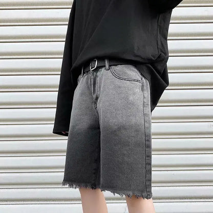 Summer Gradient Denim Shorts Men's Fashion Retro Denim Shorts Mens Streetwear Korean Loose Hip-hop Straight Denim Shorts Men Street King Limited