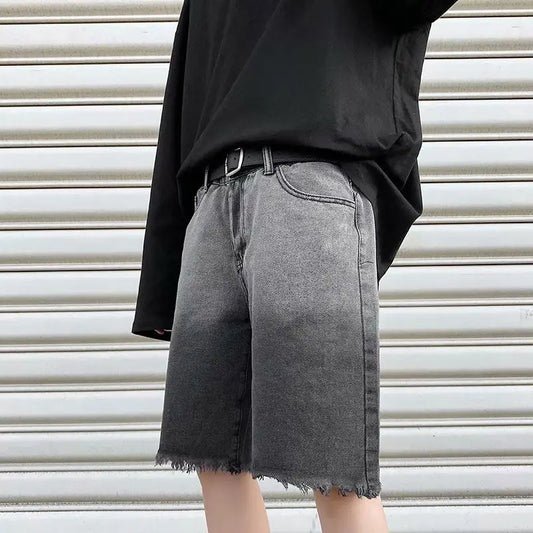 Summer Gradient Denim Shorts Men's Fashion Retro Denim Shorts Mens Streetwear Korean Loose Hip-hop Straight Denim Shorts Men Street King Limited