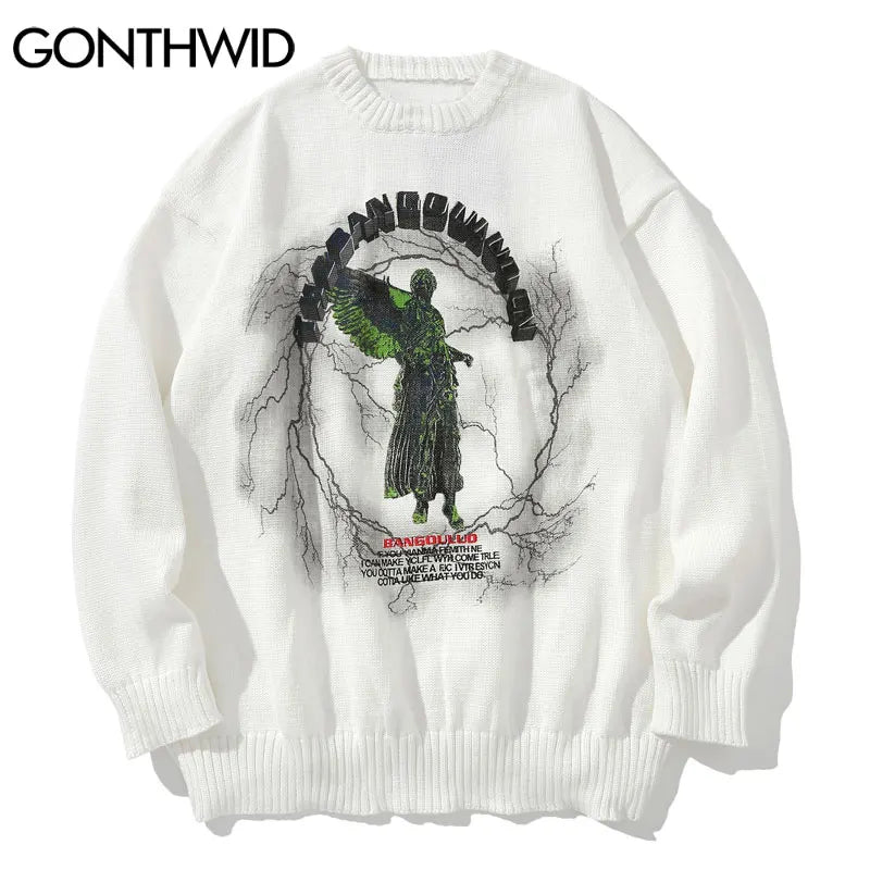 GONTHWID Knitted Sweaters Hip Hop Lightning 3D Angel Statue Print Pullover Sweater Streetwear Hip Hop Fashion Casual Loose Tops Street King Limited