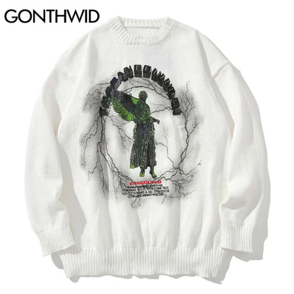 GONTHWID Knitted Sweaters Hip Hop Lightning 3D Angel Statue Print Pullover Sweater Streetwear Hip Hop Fashion Casual Loose Tops Street King Limited