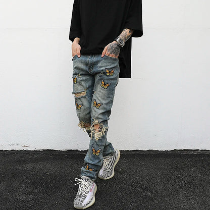 high street butterfly embroidery knee ripped hole jeans mens casual hip hop distressed jeans slim fit skinny denim pants joggers streetwear sweatpants
