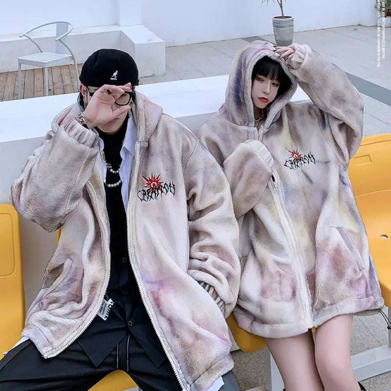 mens hip hop cats harajuku printed fleece jackets coats hairy zipper oversize hoodies outerwears warm thick streetwear parkas menswear bottoms