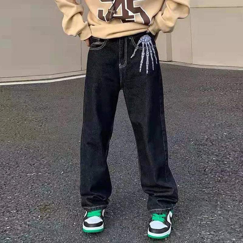 retro skull hand bone embroidery washed mens jeans pants vibe style straight casual oversize denin trousers streetwear stacked flare jeans