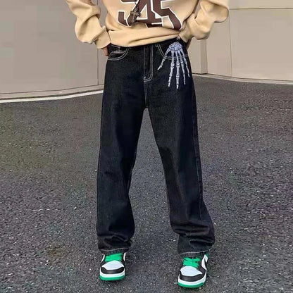 retro skull hand bone embroidery washed mens jeans pants vibe style straight casual oversize denin trousers streetwear stacked flare jeans