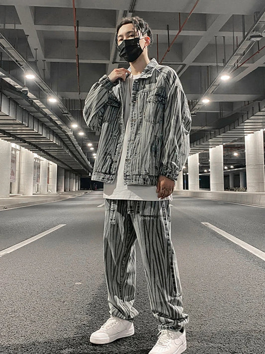 2 pieces sets mens fashion striped single breasted denim jeans jacket coat and zipper straight pants joggers new streetwear sets urban active pants