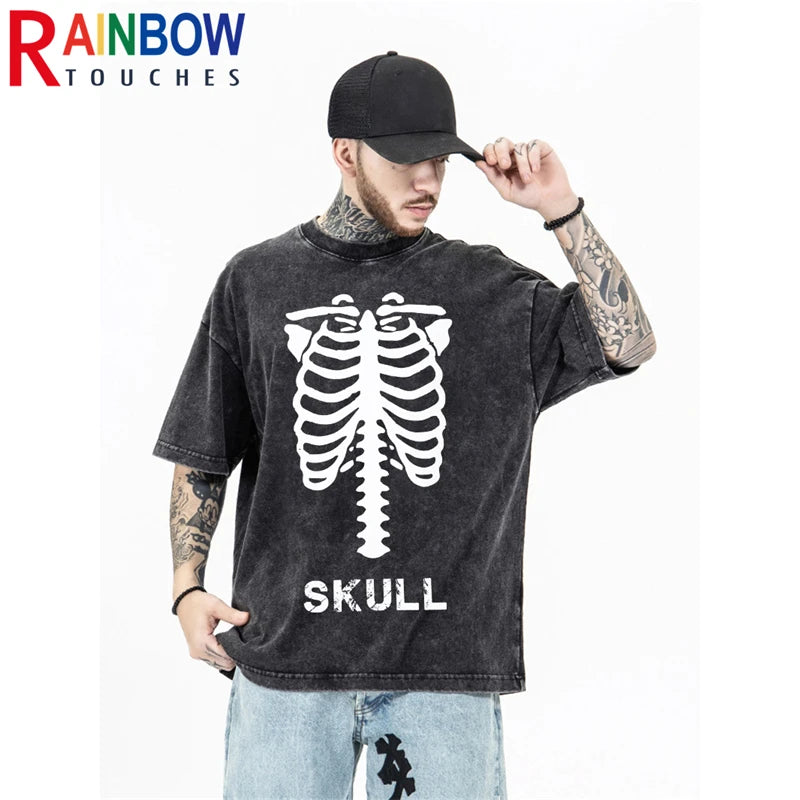 Rainbowtouhes 2022 New High Street Fashion Hip Hop Trend Short Sleeve Skeleton Graphic T-shirt Oversized Retro Wash Casual Top Street King Limited