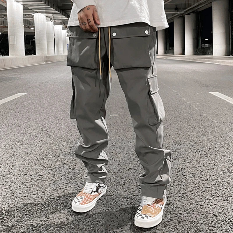 high street multi pocket casual trousers for men and women side breasted drawstring cargo pants harajuku solid loose pants military streetwear pants
