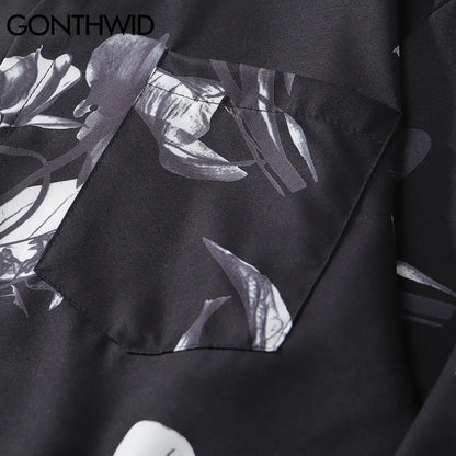 Streetwear Gonthwid Hawaiian Beach Shirts Graffiti Flowers Print Long Sleeve Butt Gonthwid Hawaiian Beach Shirts Graffiti Flowers Print Long Sleeve Button Shirts Hip Hop Casual Harajuku Holiday Party Blouse Fashion Sweater Jacket With Graphic Design For Men