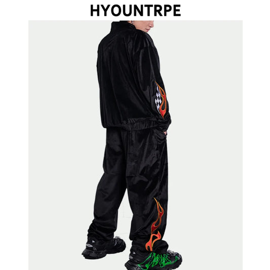 2 pieces set men embroidery velvet zipper jacket and elastic waist loose straight pants sweatsuit hip hop tracksuits sweatsuit clean everyday pants