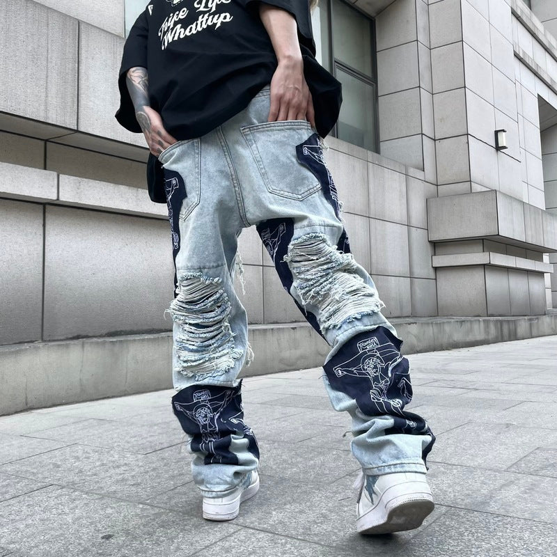 men high street denim jean pants casual loose destroyed ripped holes straight jeans fashion patchwork hip hop streetwear joggers unique joggers style 3503