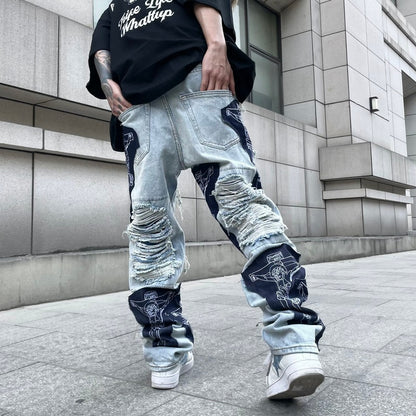 men high street denim jean pants casual loose destroyed ripped holes straight jeans fashion patchwork hip hop streetwear joggers unique joggers style 3503
