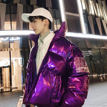NEW Winter collar loose bright leather fabric jacket wind thick warm coat men women couple purple cotton clothing Street King Limited