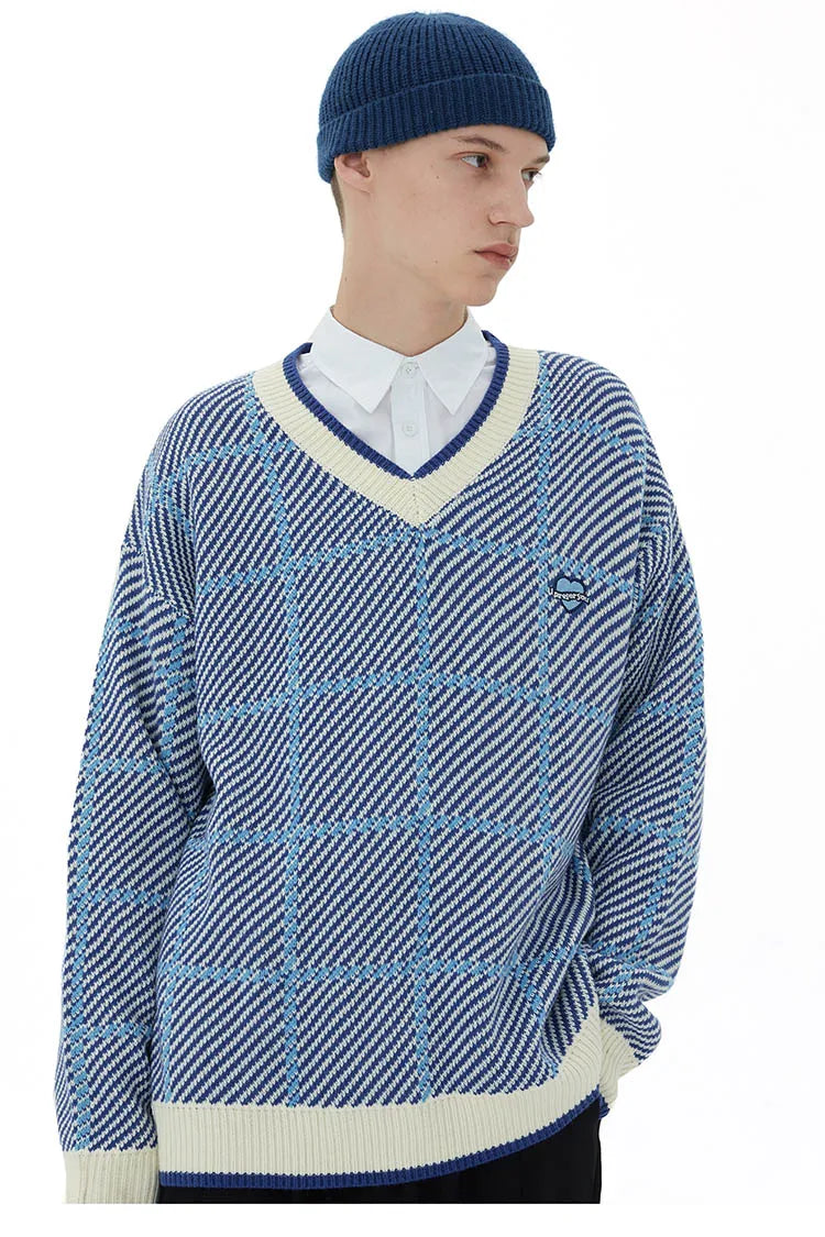 Men Hip Hop Knitted Sweater Streetwear Embroidery Heart Plaid Pullover 2023 Autumn Harajuku Cotton Casual Pullover Sweater Blue Street King Limited