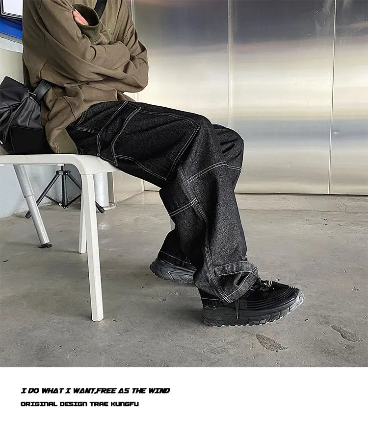 men jeans wide leg denim pants loose straight baggy mens jeans hip hop streetwear skateboard neutral denim trousers cargo jeans unique cargo style 2485