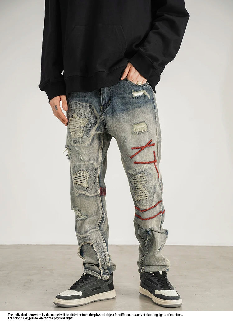 destroyed ripped straight jeans pants mens distressed biker jeans fashion irregular embroidery streetwear hip hop pants joggers unique joggers style 2943
