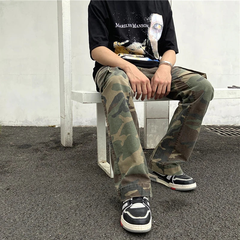2023 camouflage micro flare pants fashionable streetwear camo cargo pants for male slim fit trousers women baggy casual clothes unique cargo style 2637