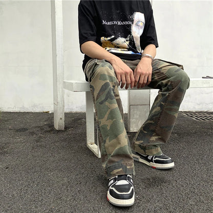 2023 camouflage micro flare pants fashionable streetwear camo cargo pants for male slim fit trousers women baggy casual clothes unique cargo style 2637