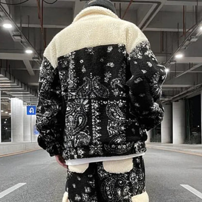 mens paisley fleece jackets coats fashion hairy single button loose bomber outerwears casual warm parkas thick streetwear jacket urban fashion pants
