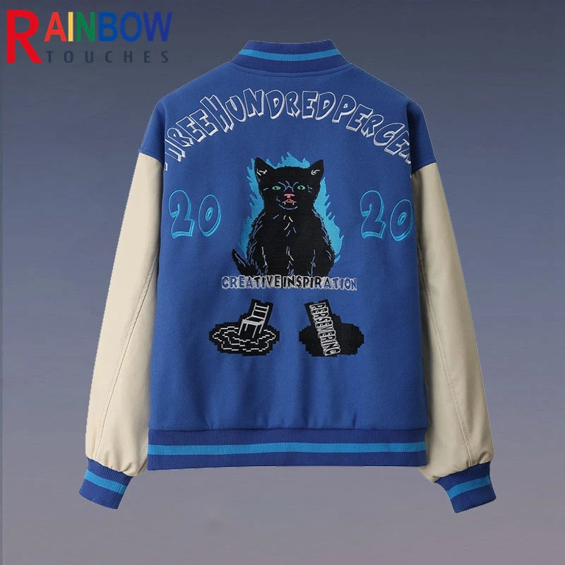 rainbowtouches men trendy hiphop embroidered baseball uniform single breasted side pocket high street stitched pu leather jacket relaxed fit trousers
