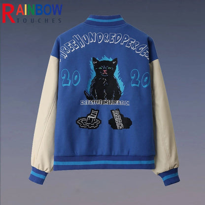 rainbowtouches men trendy hiphop embroidered baseball uniform single breasted side pocket high street stitched pu leather jacket relaxed fit trousers