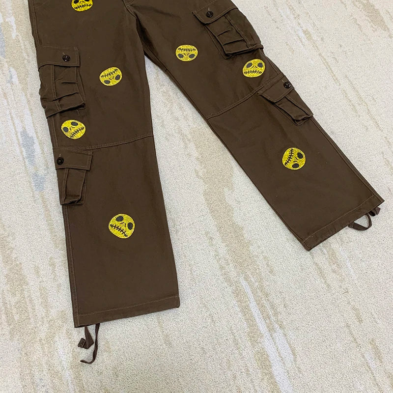mens high street smilely loose cargo pants casual zipper straight jeans hip hop side pockets loose fit streetwear casual joggers unique joggers style 2488