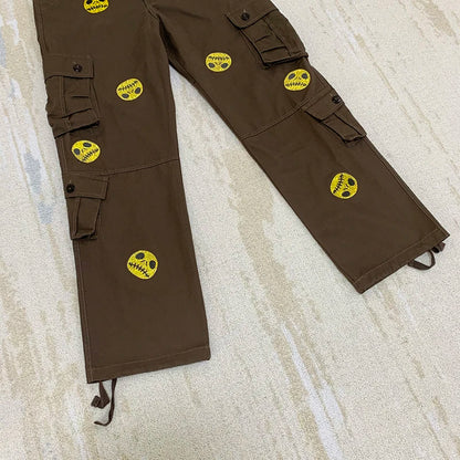 mens high street smilely loose cargo pants casual zipper straight jeans hip hop side pockets loose fit streetwear casual joggers unique joggers style 2488