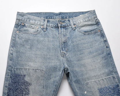 Heavy Industry Electric Embroidery Burning Washed Jeans Mens and Womens Patchwork Streetwear Harajuku Oversize Denim Trousers Street King Limited