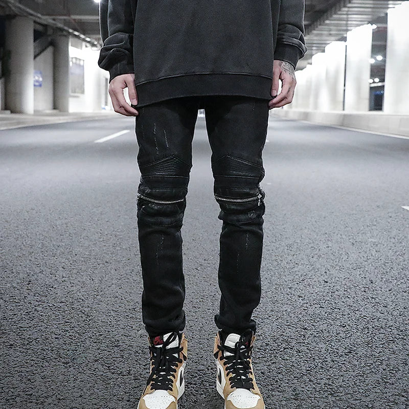 knee zipper hole patckwork skinny denim jeans men casual slim biker trousers jeans fashion streetwear hip hop jean pants joggers sporty tapered joggers