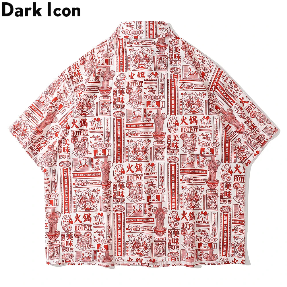 Dark Icon Full Printed Oversized Shirt for Men Summer Loose Men's Shirts Male Top Black Red Street King Limited