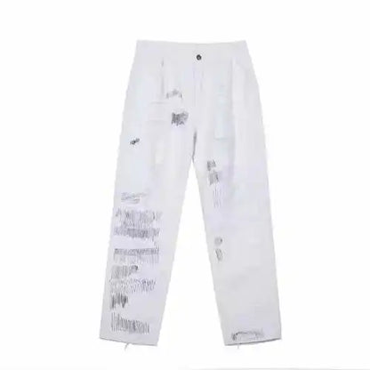 mens high street denim jean pants new casual loose ripped holes straight zipper white jeans trousers hip hop streetwear joggers unique joggers style 1593