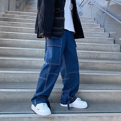 men jeans wide leg denim pants loose straight baggy mens jeans hip hop streetwear skateboard neutral denim trousers cargo jeans unique cargo style 2454