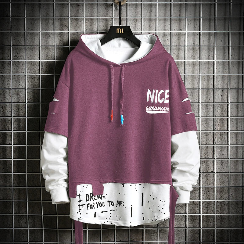 Men Ribben Hooded Sweatshirt Autumn Male Fashion Hoodie Men's Sweatshirts Solid Color Splice Hoodies Street Style Street King Limited