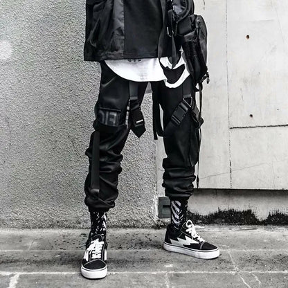 men hip hop black cargo pants joggers sweatpants overalls men ribbons streetwear harem pants women fashions trousers casual joggers
