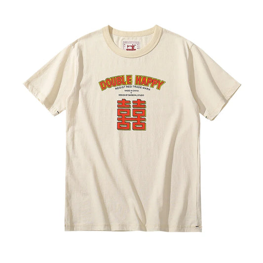 Summer New 100% Cotton Double Happy Chinese Printed Cultural T Shirt Men Vintage Causal O-neck Basic T-shirt Male Classical Tops Street King Limited