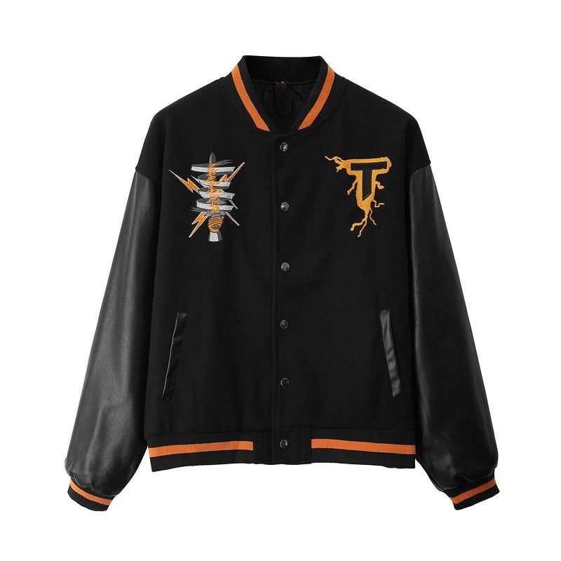 rainbowtouches men trendy hiphop embroidered baseball uniform single breasted side pocket high street stitched pu leather jacket unique default style 5120