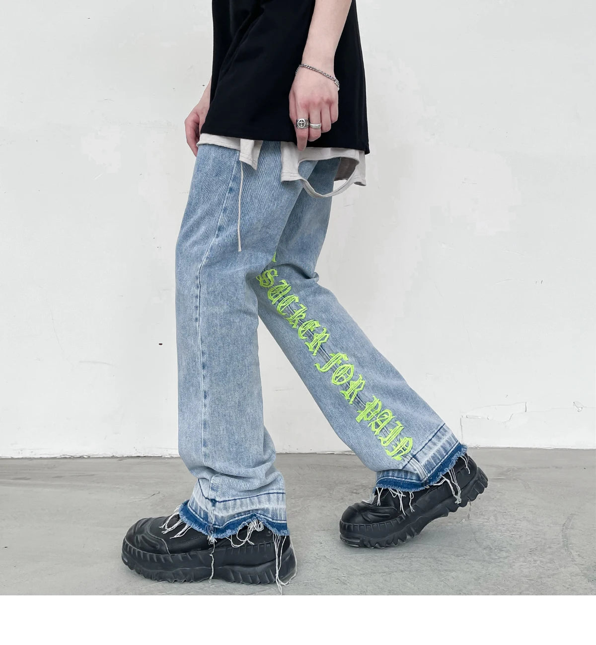 fashion letters embroidery denim flare jeans mens high street elastic waist straight trouser hip hop streetwear pants joggers unique joggers style 3779