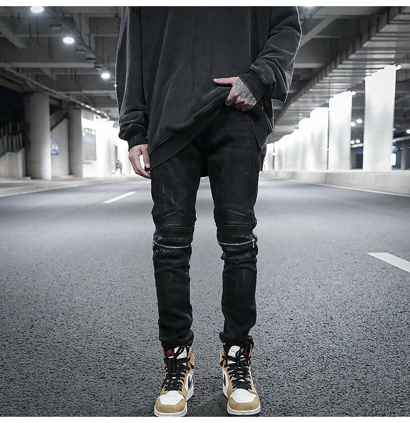 knee zipper hole patckwork skinny denim jeans men casual slim biker trousers jeans fashion streetwear hip hop jean pants joggers unique joggers style 20