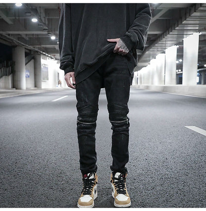 knee zipper hole patckwork skinny denim jeans men casual slim biker trousers jeans fashion streetwear hip hop jean pants joggers unique joggers style 20